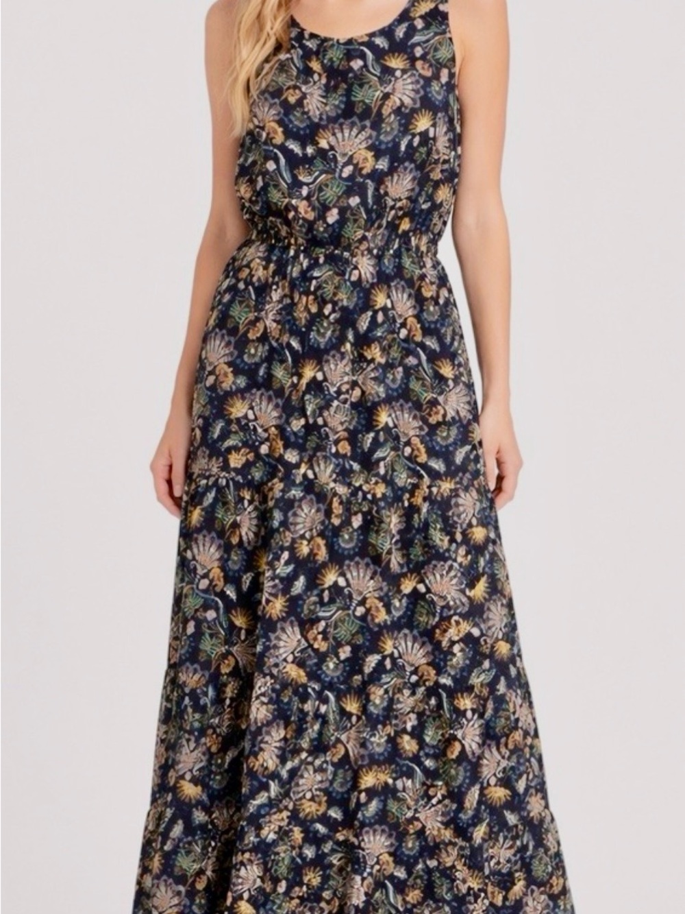 Lara Guidotti Maxi Dress L Silk Blend Navy Floral Tiered Made in Italy Boho